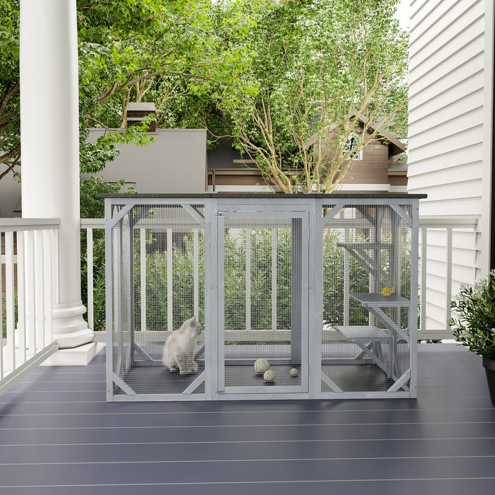 Pawhut 71\" X 31.5\" X 44\" Cage Pour Chats Interieur Exterieur Maison En Bois Pour Petits Animaux Clapier Pour Lapin, Chien, Chaton, Cage-canon Avec Toit Impermeable, Plates-formes A Plusieurs Niveaux