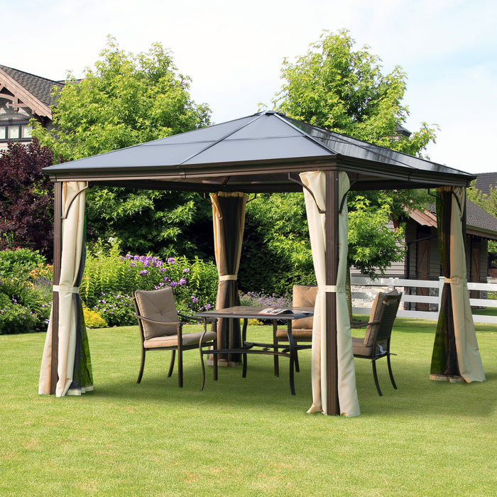 Tonnelle Pavillon De Jardin Impermeable 4 Parois Laterales Anti-uv 4 Moustiquaires Panneaux Polycarbonate Alu 3l X 3l X 2,6h M Chocolat Beige
