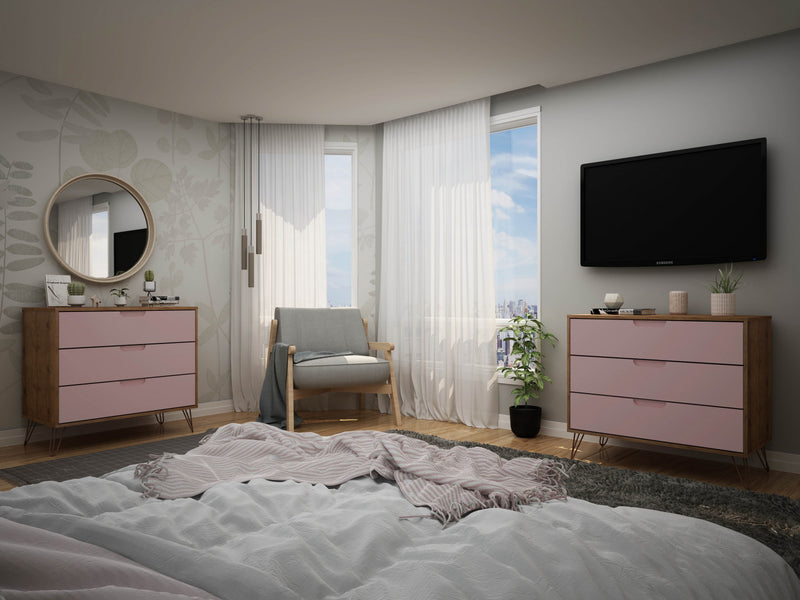 Commode Rockefeller Mid-Century Modern 89 cm en rose (3 tiroirs) – Lot de 2