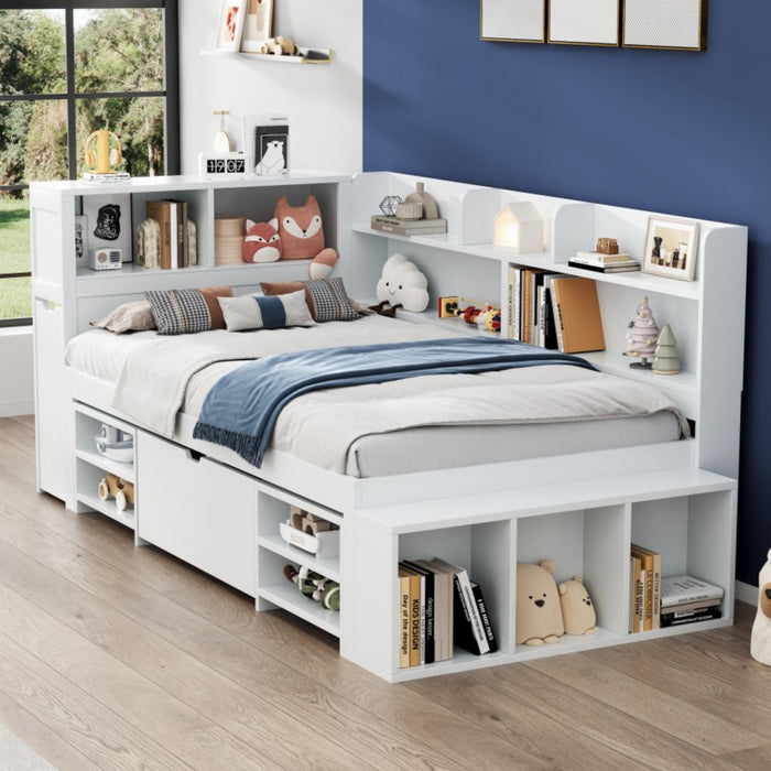 Banquette-lit multifonction Ethan avec rangement integre, tiroirs et bibliotheque, taille simple, blanc