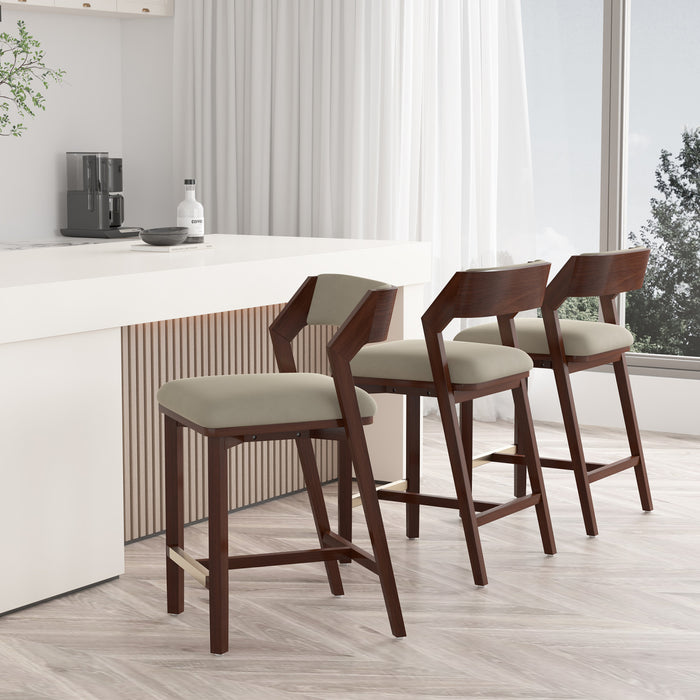 Tabouret de comptoir moderne en bois Patricia avec revetement en lin - Lot de 3