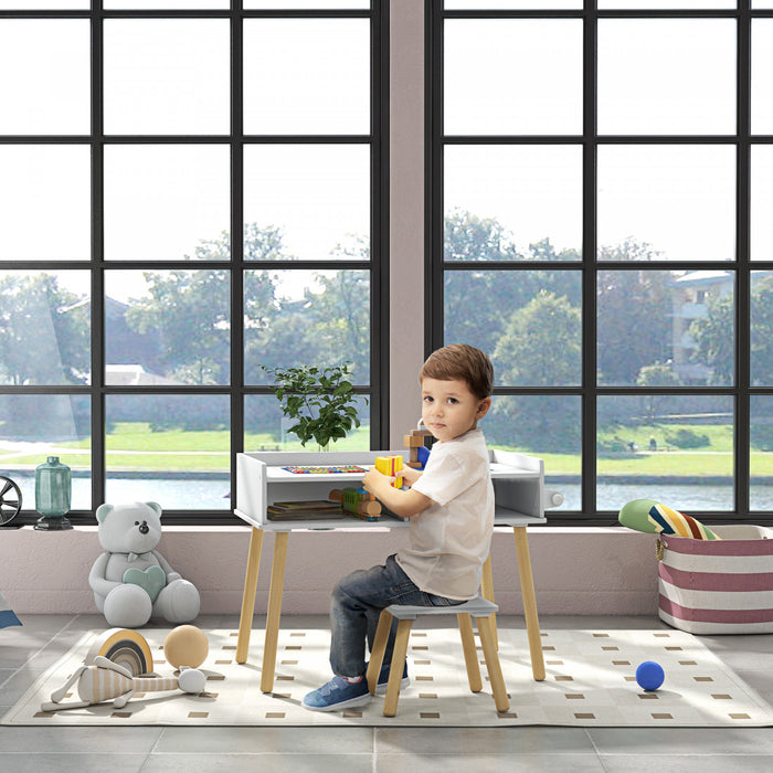 Qaba Ensemble Table Et Chaise Pour Enfants, Table D'activites 3 En 1 Pour Tout-petits, Rouleau De Papier, Rangement, Pour Jouer, Dessiner, Lire, Pour Creche, Salle De Jeux, Bleu