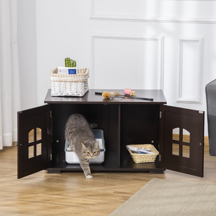 Pawhut Boite A Litiere Pour Chat Meuble Pour Chat Cache Toilette Interieure Pour Chat Table De Nuit A Double Porte Table D'extremite Avec Fenetre Pour Chat Cafe
