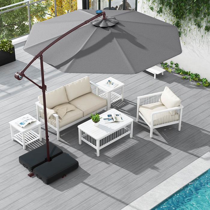 Parasol deporte suspendu Costway 10 pieds avec 32 LED, sac de sable, base croisee exterieure gris fonce