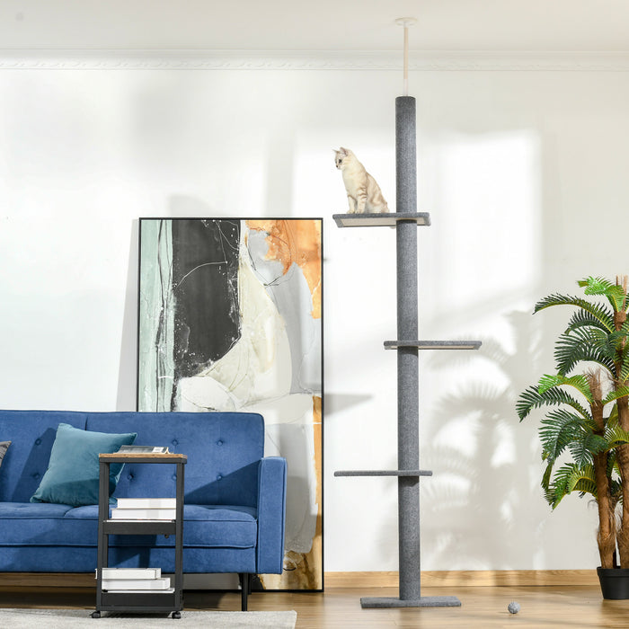 Pawhut 100\" Arbre A Chat Du Sol Au Plafond Avec 3 Perchoirs Centre D'activites Pour Chatons Cat Tower Furniture Gris