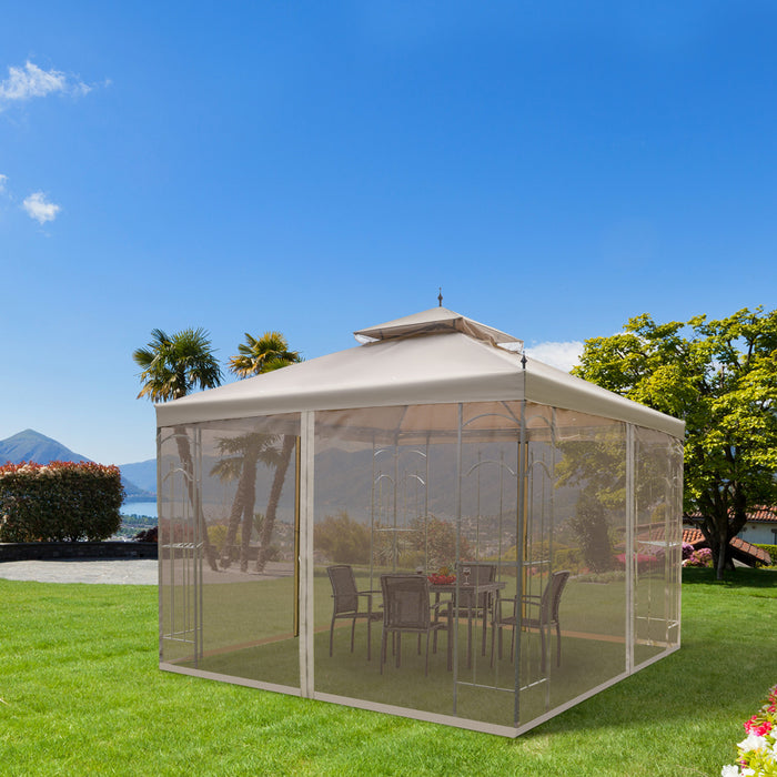 Outsunny 10' X 10' Pavillon De Jardin Avec Rideaux En Maille Amovibles, Etageres De Presentation, Et Cadre En Acier, Brun