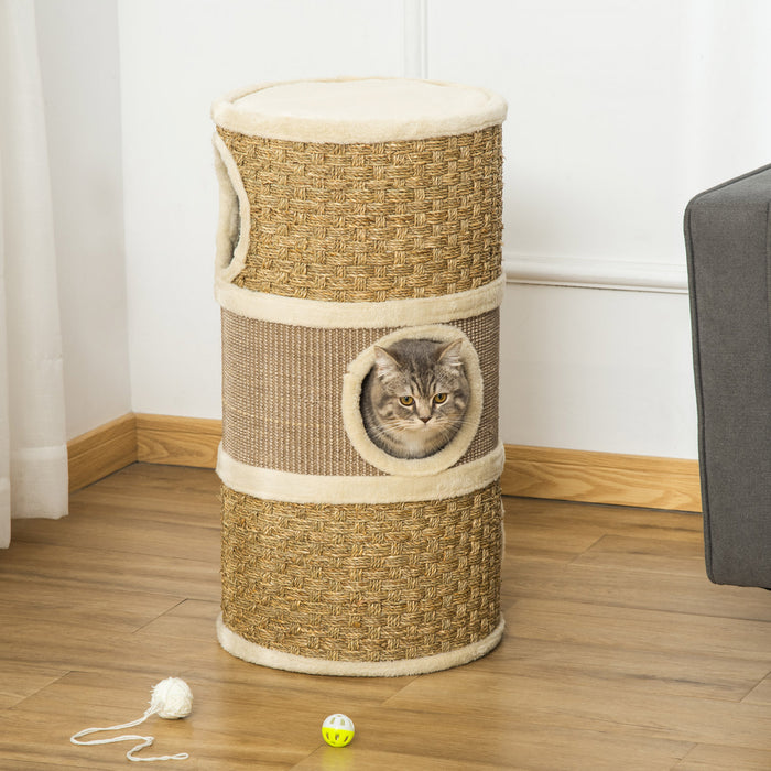 Pawhut Tour A Chat 3 Etages A Trois Trous Avec Surface De Couverture A Gratter En Sisal Et Algues, Tour A Chat Pour Chats D'interieur, 15 \"x 28\", Kaki Et Marron