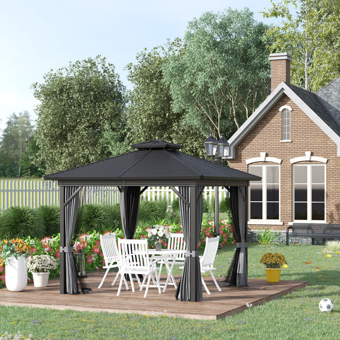 Outsunny 10' X 10' Tonnelle Acier Hardtop Gazebo Jardin Abri Soleil Avec Moustiquaire Et Rideaux Crochet De Suspension Cadre En Aluminium Noir