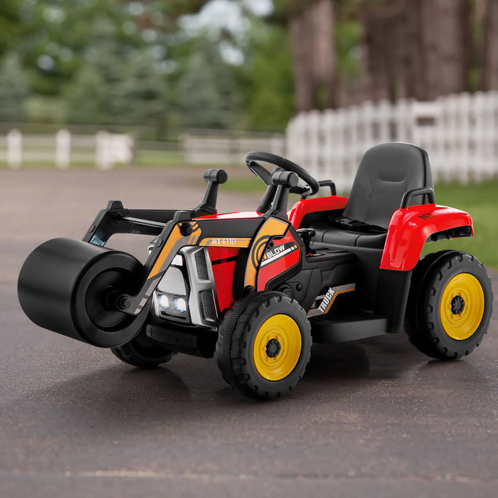 Costway Enfants Rouler Sur La Route Rouleau 12v Tracteur Electrique A Distance W / Musique & Led Lumiere Rouge