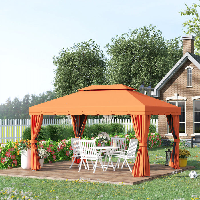 Outsunny 10 X 13pi Belvedere Cadre En Aluminium Tonnelle Auvent Double Niveau Abri De Jardin Avec Filet Et Rideaux, Orange