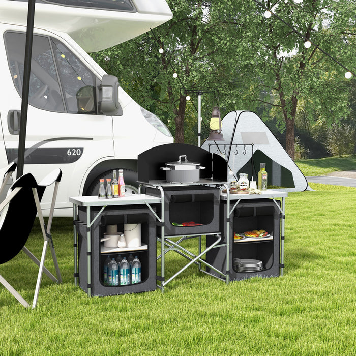 Outsunny Cuisine de camping pliante avec armoires en tissu pare-brise, noir