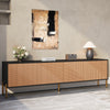 Arcadia 70.5 Inch Modern TV Cabinet with Textured Doors and Gold Legs, Black/Wood | Arcadia Meuble TV Moderne 70.5 po avec Portes Texturees et Pieds Dores, Noir/Bois
