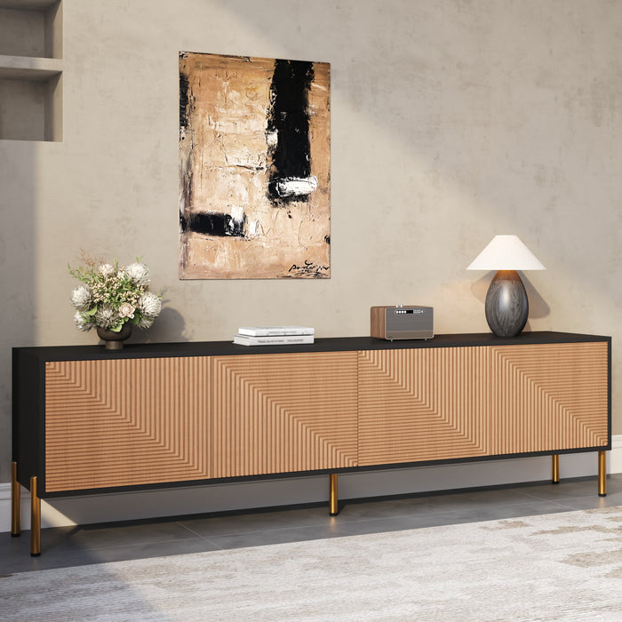 Arcadia Meuble TV Moderne 70.5 po avec Portes Texturees et Pieds Dores, Noir/Bois