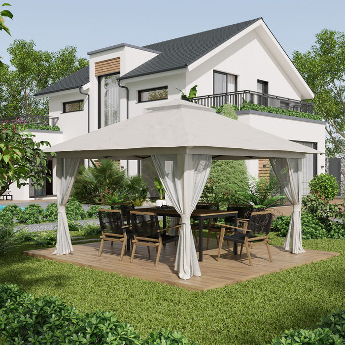 Outsunny 13' X 13' Pop Up Canopy Avec Parois Laterales En Maille, Abri De Tente A Canopy Facile Avec Toit A 2 Niveaux, Sac De Transport A Roues, Sac D’eau/sable Pour Le Jardin, Patio, Pelouse, Creme