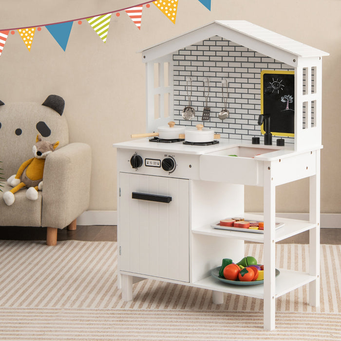 Ensemble De Cuisine De Jeu, Jouet De Cuisine En Bois Avec Tableau Noir Supplementaire, Belles Fenetres, Etageres De Rangement Et Crochets, 5 Pieds En Bois Massif, Ensemble De Cuisine Fictive Pour Les Tout-petits De 3 Ans Et Plus, Blanc