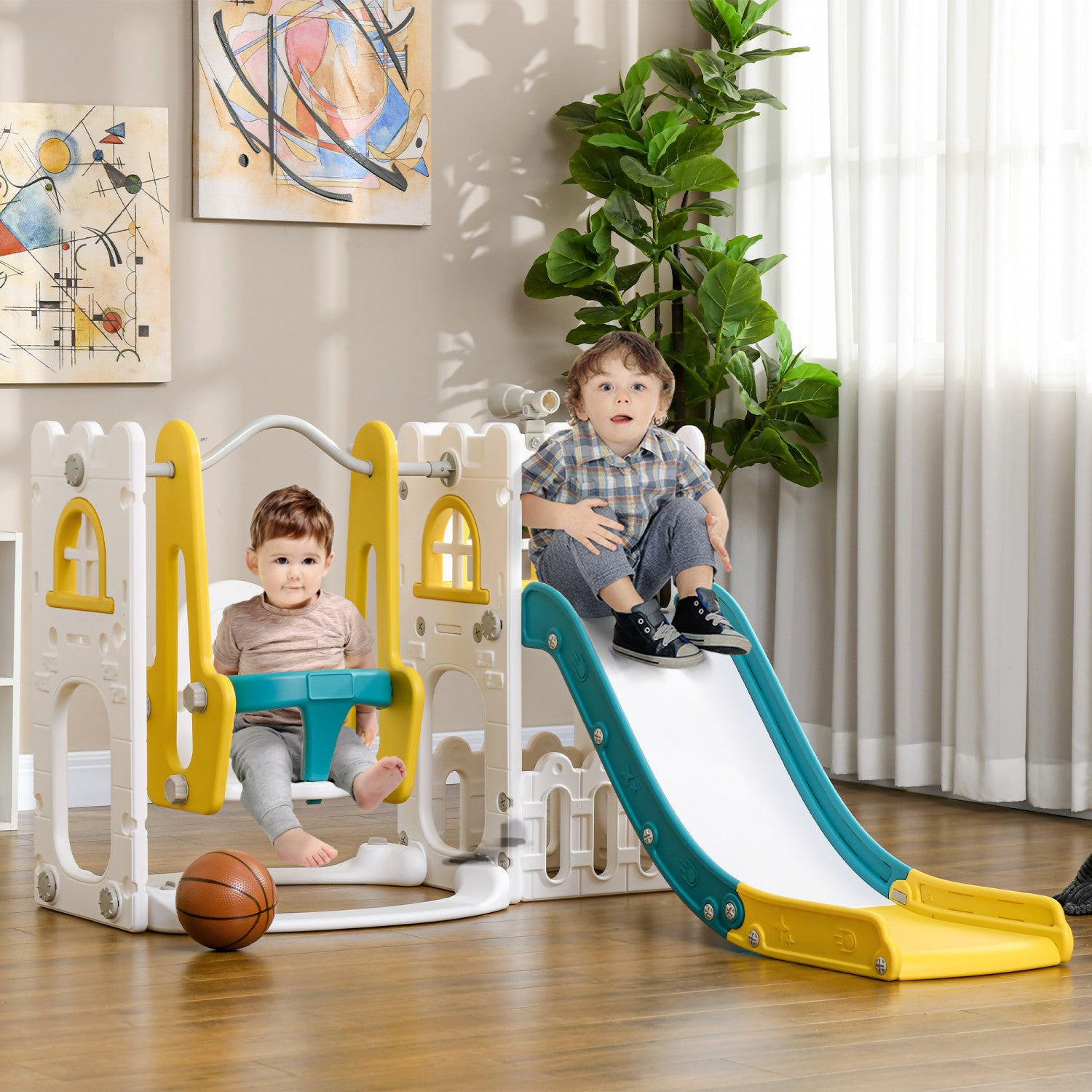 Toboggan pour enfants, balançoire pour enfants 4 en 1 avec support de basket -ball Toboggan pour enfants, balançoire pour enfants 4 en 1 avec support de basket -ball