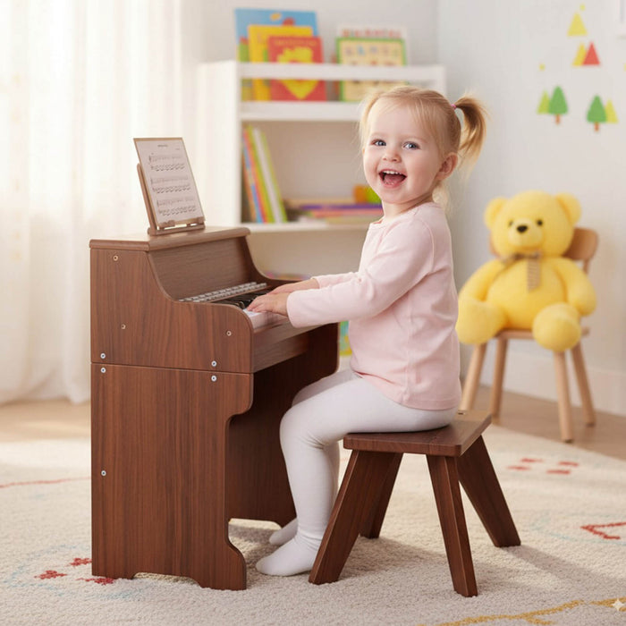 Costway Piano Numerique 25 Touches avec Pupitre, Tabouret, Touches Retroeclairees et Mode Enseignement pour Enfants des 3 Ans - Marron