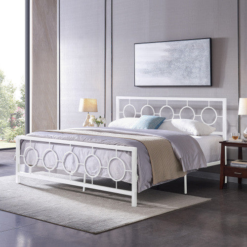 Robert Cadre De Lit En Metal Avec Tete Et Pied De Lit Au Design Circulaire, Taille King, Blanc