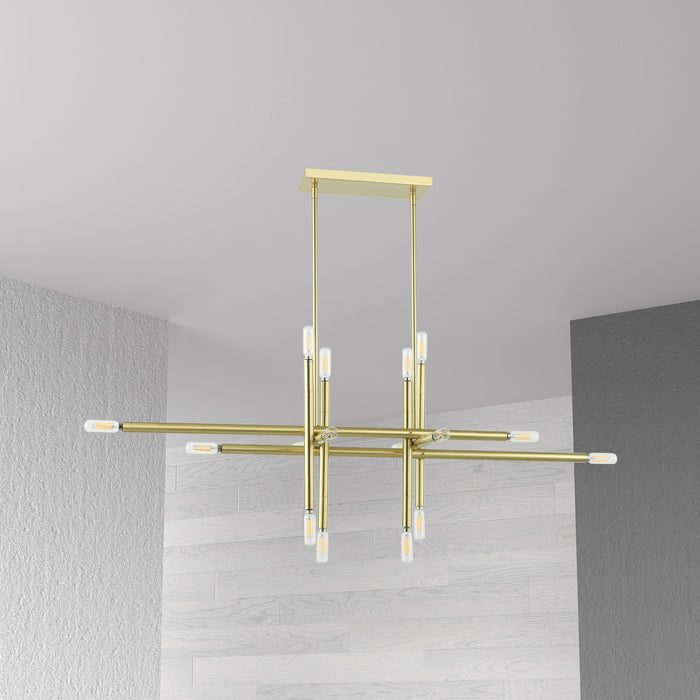Luminaire suspendu horizontal Kanata de Dainolite avec fini laiton vieilli et 16 ampoules