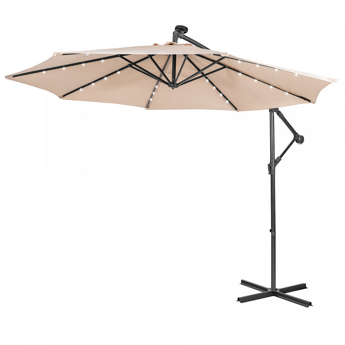 Costway Parasol cantilever 10FT solaire avec 32 LED eclairees pour terrasse, exterieur, beige
