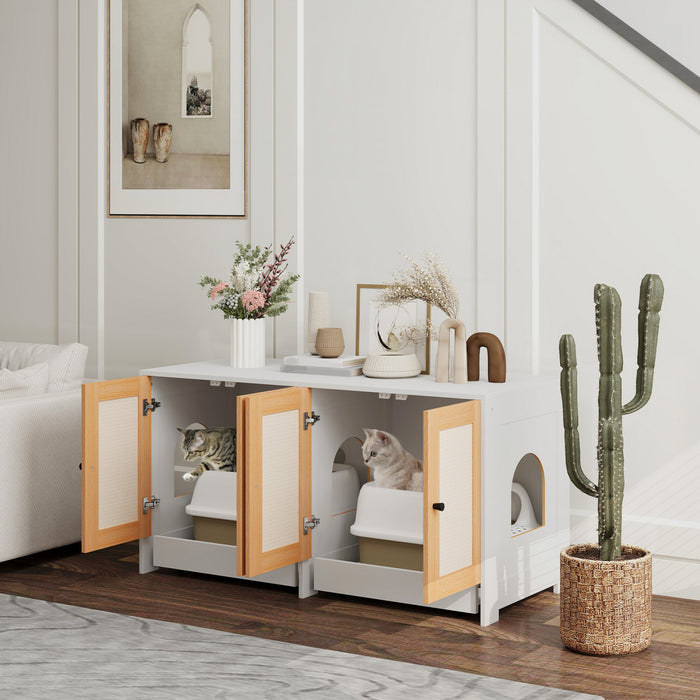 Pawhut Bac A Litiere Pour Chat, Table D'appoint Cachee Avec 2 Armoires, Tapis A Gratter, Plateaux Coulissants, Meuble De Bac A Litiere Pour 2 Chats Chatons, Blanc