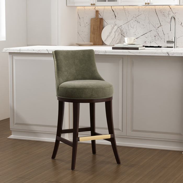Tabouret de bar moderne en bois Lucia, tapisse de chenille, vert feuille