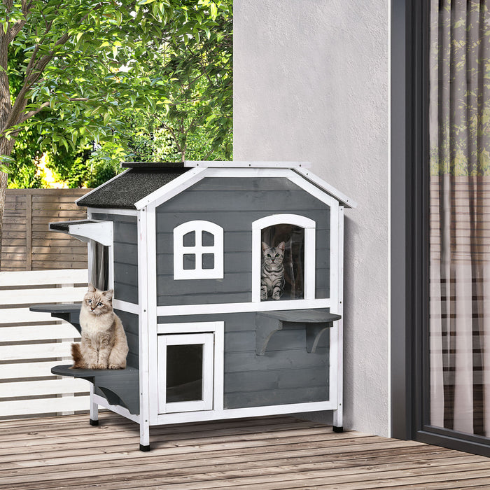 Maison Pour Chat En Bois Massif Pawhut A 2 Etages, Avec Espace Salon Interieur, Interieur/exterieur Et Entrees Amusantes, Catio, Gris