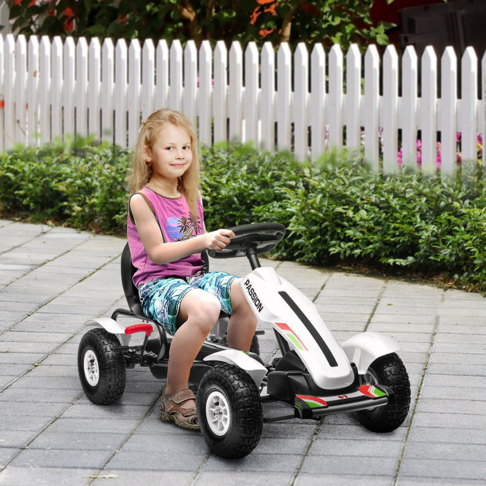 Aosom Kart A Pedales Pour Enfants, Voiture A Pedales Avec Seau Reglable, Frein A Main, 4 Roues En Caoutchouc, 5 A 12 Ans, Blanc