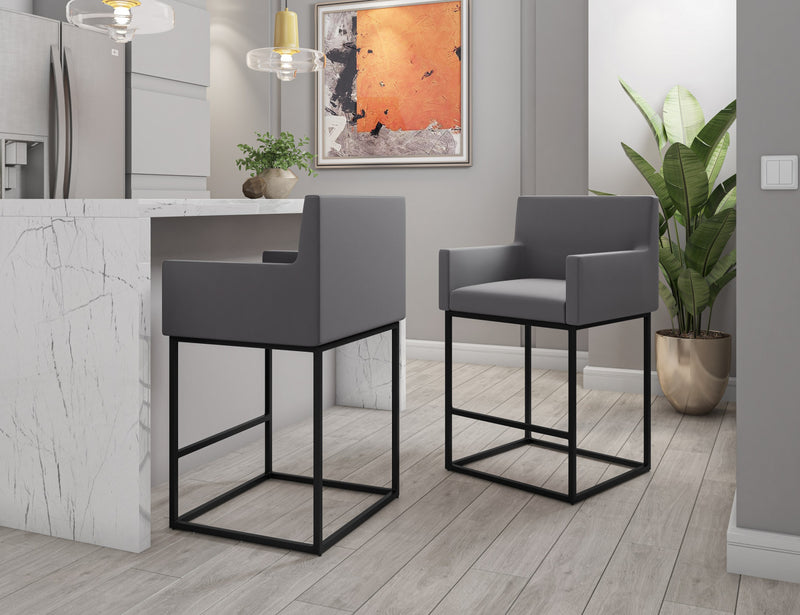 Tabouret de comptoir en metal et tissu gris style mid-century modern Ambassador - Lot de 2