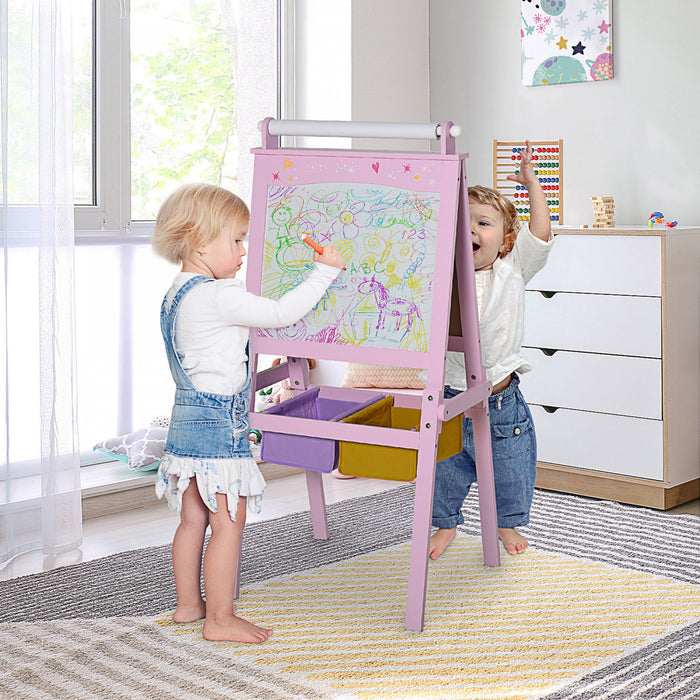 Qaba Chevalet D'art En Bois 3 En 1 Pour Enfants Avec Rouleau De Papier Tableau Noir Double Face Et Tableau Blanc Avec Paniers De Rangement Cadeau Pour Toute-petite Fille De 3 Ans Et Plus Rose