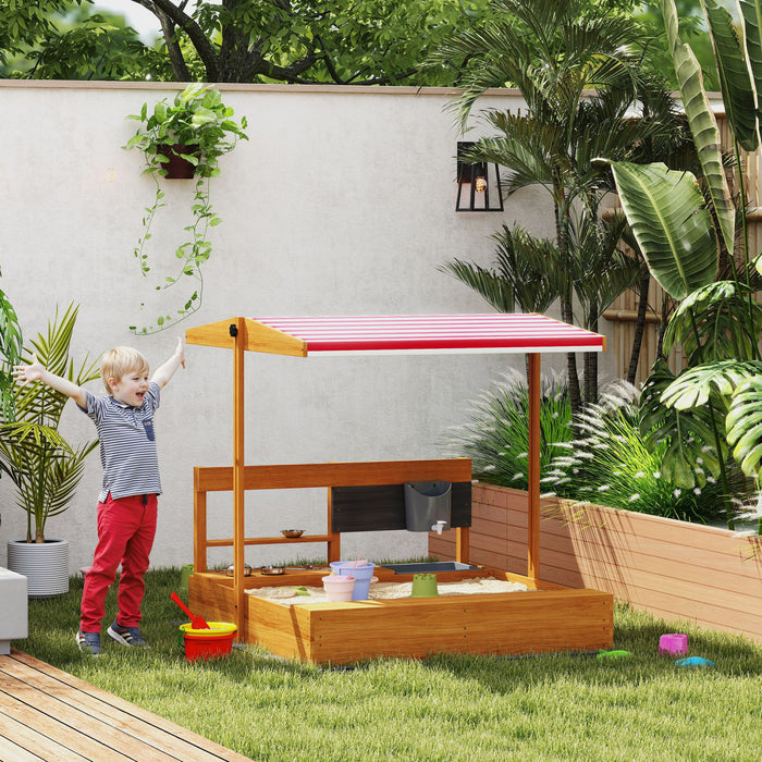Outsunny Bac a sable pour enfants avec couvercle, bac a sable en bois avec couvercle reglable, siege, jeu de sable en plein air pour les 3 a 7 ans, 45 x 43 x 43 po, rouge