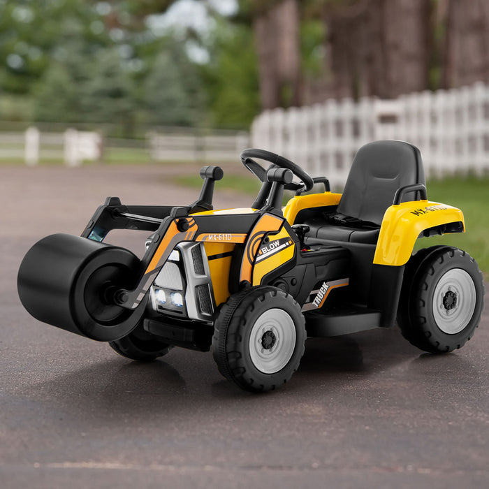 Costway Enfants Roulent Sur La Route Rouleau 12v Tracteur Electrique A Distance W / Musique & Led Jaune Clair