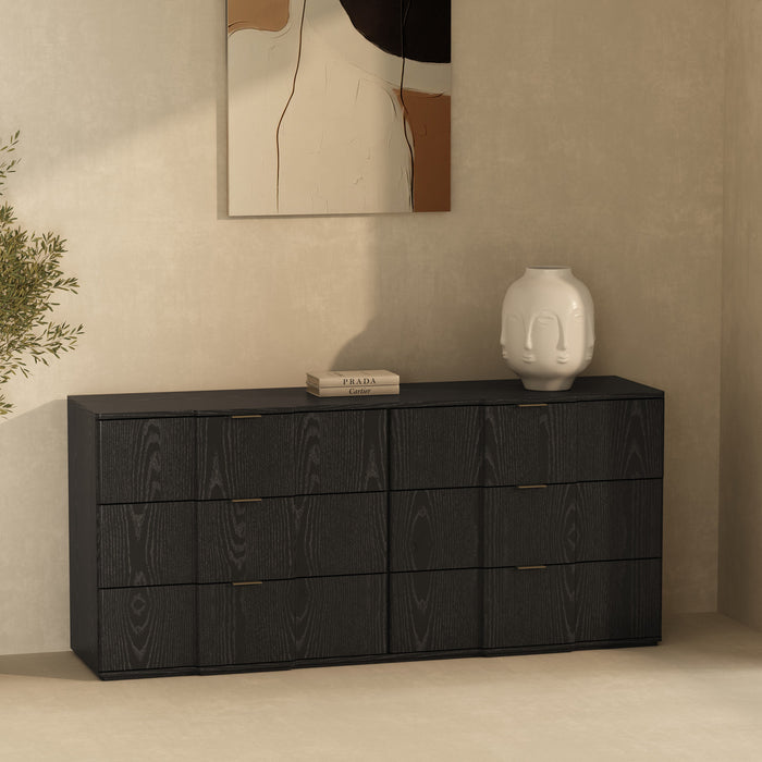 Commode Clive style milieu du siecle 72\" en noir et or (6 tiroirs)