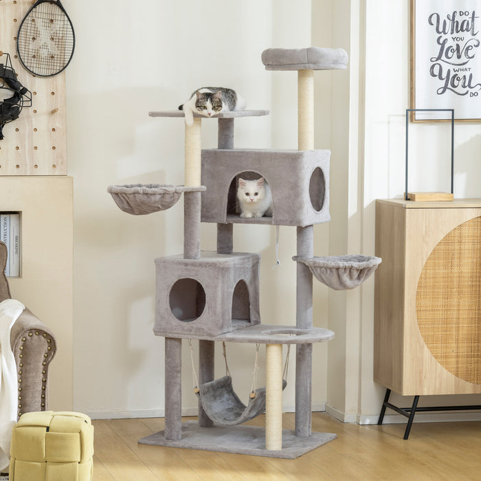 66 Inch Cat Tree with 2 Condos, 3 Big Hammocks, Light Grey