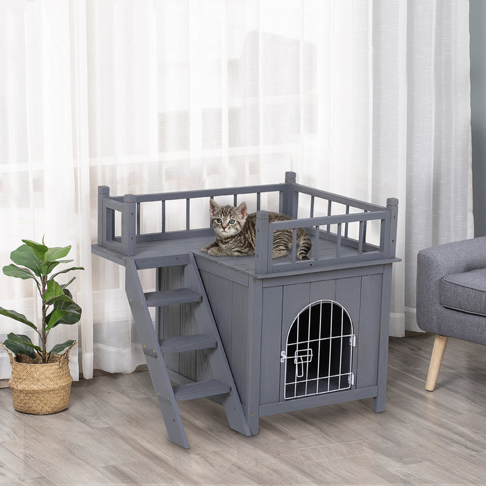 Pawhut Abri Pour Chats En Bois, Exterieur, Etanche Et Sureleve, A Deux Niveaux, Avec Balcon, Gris