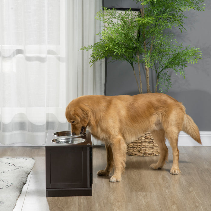 Pawhut Gamelles Surelevees Pour Chiens Avec Meuble De Rangement, Support Pour Gamelles Surelevees Avec 2 Bols En Acier Inoxydable Pour L'eau Et La Nourriture, Pour Les Grands Chiens, Marron.