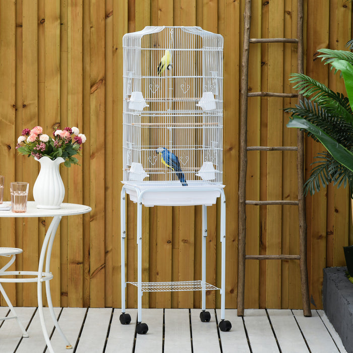 Pawhut 62\" Cage Pour Oiseaux Cacatoes Maison De Jeu Pinson Fournitures Pour Animaux Avec Roues Blanches