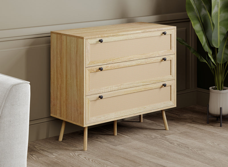 Commode verticale de rangement avec 3 tiroirs - apparence de bois brun naturel 