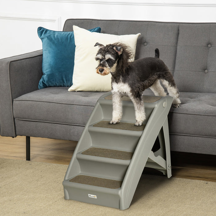 Pawhut Escalier Portable A 4 Niveaux Pour Animaux De Compagnie, Rampe Pliable Pour Chien, Marches Legeres Pour Chat, Avec Tapis Doux Antiderapants, Pour Lit Haut, Canape, Gris