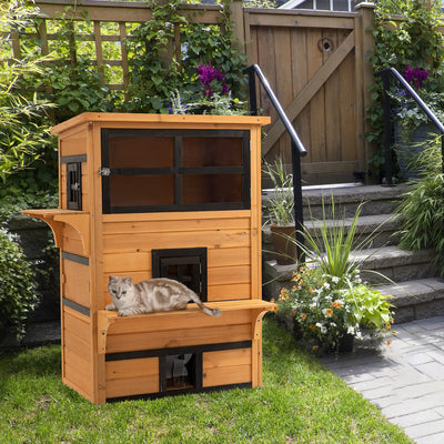 PawHut Outdoor Cat House, 3-Story Feral Cat Enclosure with Raised Floor, Weatherproof Roof, Escape Doors, Jumping Platforms, Kitty Shelter, Yellow