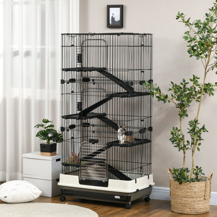 Cage Pour Lapins Ou Petits Animaux A 6 Niveaux Pawhut, Parfait Pour Le Membre De La Famille A Fourrure De Votre Enfant, 57,5\" H, Noir