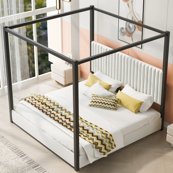 Lit plateforme Sophia a baldaquin avec tete de lit en mousse et velours, taille king, noir