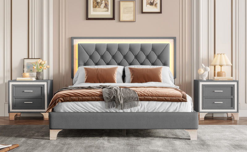 Ensemble De Chambre Sophia 3 Pieces Avec Tete De Lit Capitonnee En Velours, Lit Tapisse Et Eclairage Led, Taille Queen, Gris