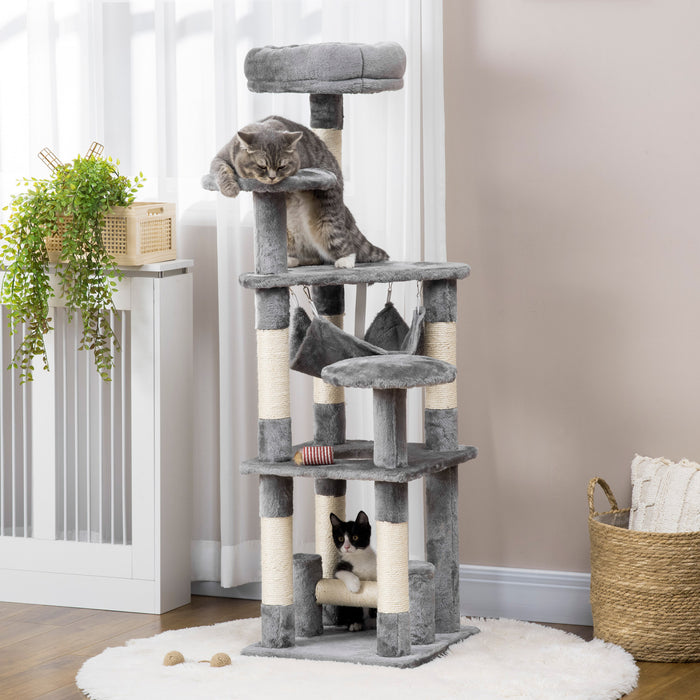 Pawhut 52\" Multi-niveaux Arbre A Chat Tour Chaton Griffoir Centre D'activites Maison De Jeu Avec Hamac Gris