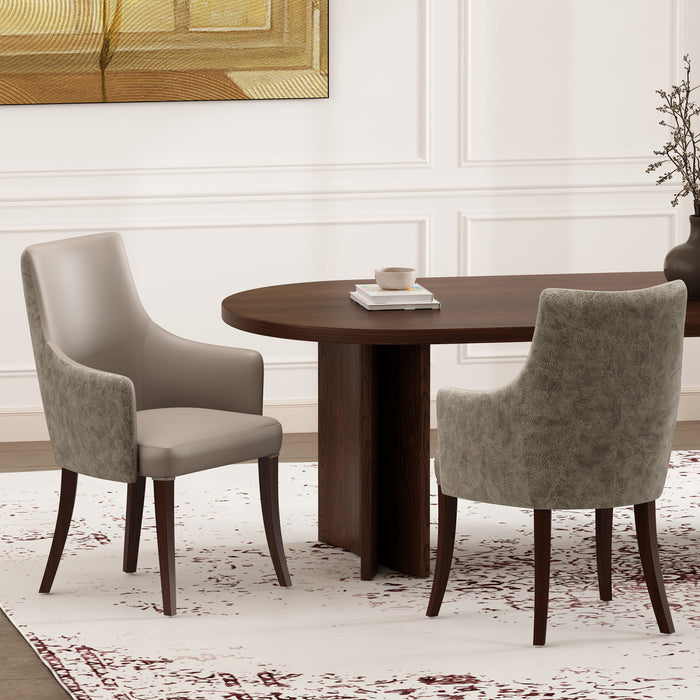 Fauteuil moderne Connie en cuir vegetalien et velours avec accoudoirs en bois, taupe - Lot de 2