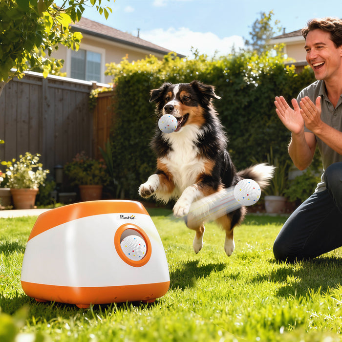 PawHut Lanceur de Balles Automatique pour Chien avec 3 Ballons ETPU, Distance de 8 a 24 m, Jouet Interactif pour Chiens Moyens et Grands avec Telecommande, Utilisation Interieure et Exterieure