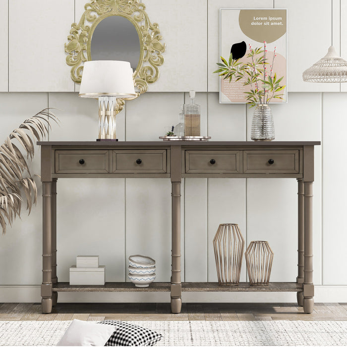 Table Console Phyllis En Bois Massif Avec Tiroirs Et Etagere Inferieure - Gris