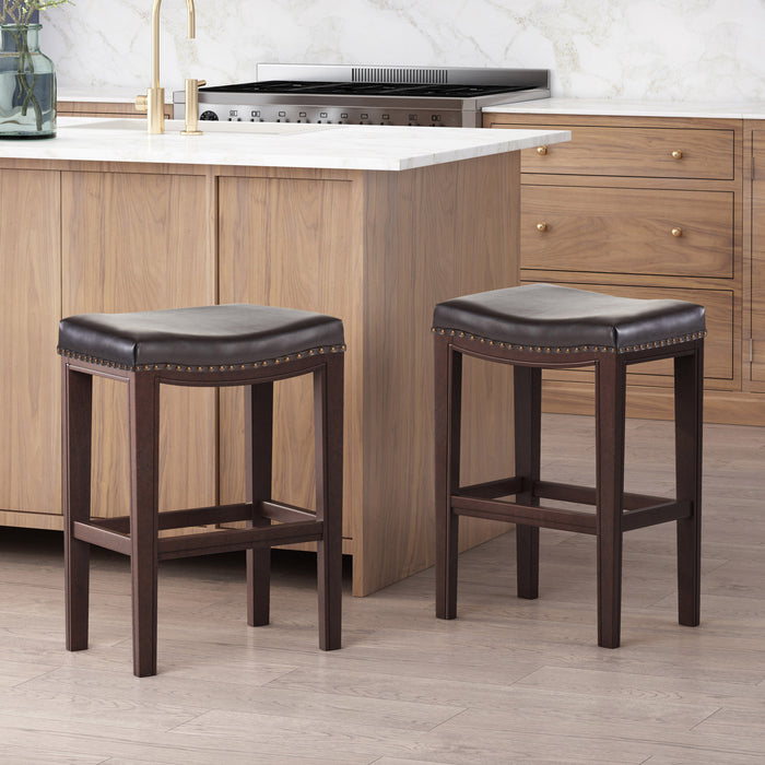 Ensemble De 2 Tabourets De Comptoir Tiffin, Siège Selle Avec Garniture Cloutée, Cuir Végétalien - Brun