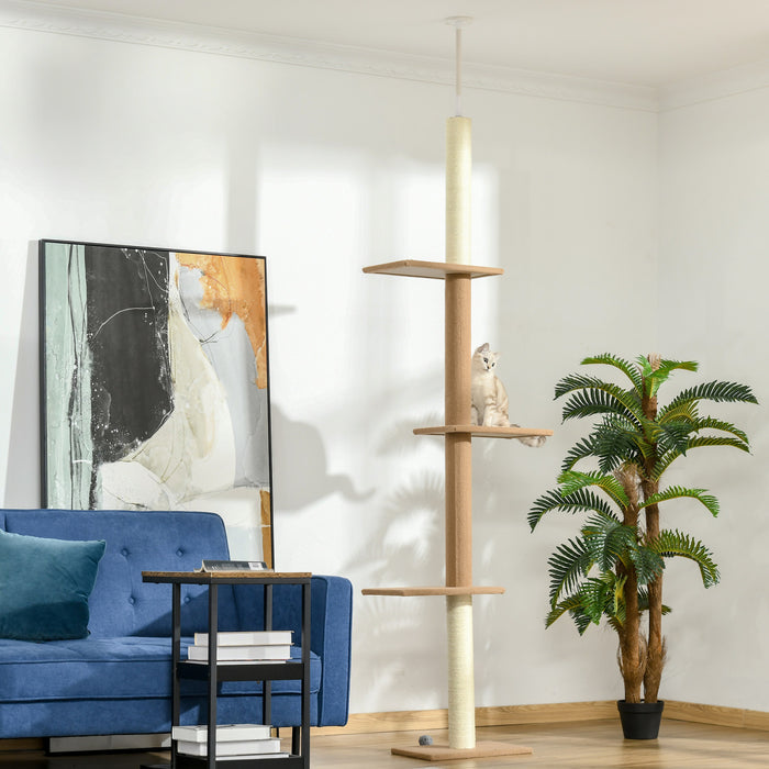 Pawhut 100\" Arbre A Chat Du Sol Au Plafond Avec 3 Perchoirs Centre D'activites Pour Chatons, Marron