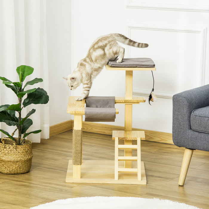 Pawhut Arbre A Chat Centre D'activites Multi-equipe Griffoirs En Jute Plate-formes Echelle Hamac Coussin Inlus Interieur Exterieur Bois De Pin Dim. 19\"l X 19\"l X 30.75\"h Bois Naturel Gris